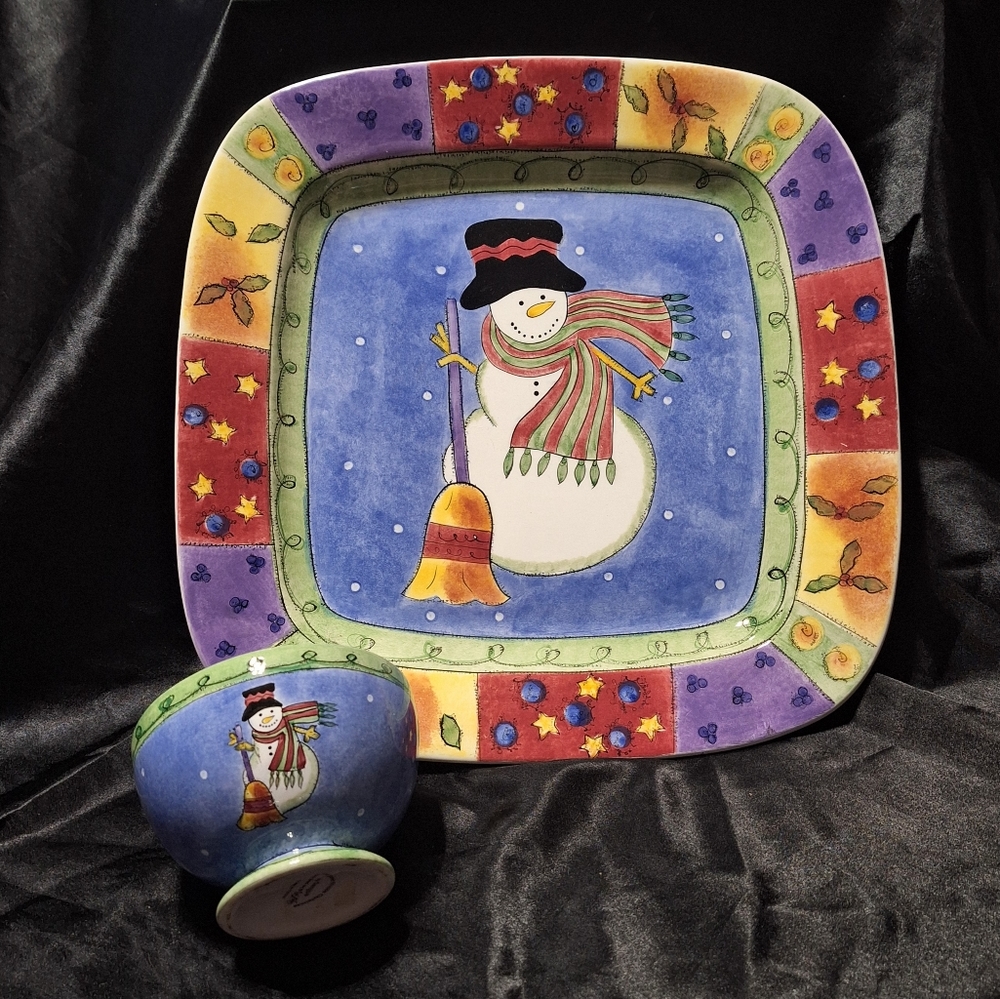 The Sweet Shoppe Christmas Platter & Bowl~Sango~Sue Lipkin~Snowman Serving Tray